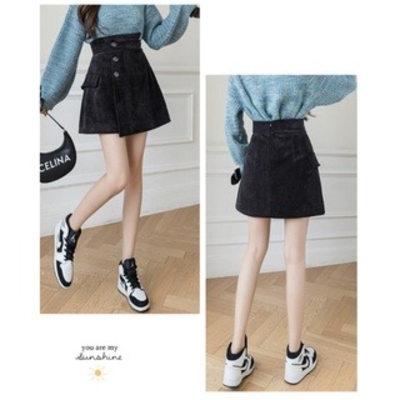 Chân Váy Nhung Tăm Cạp Cao Cúc Lệch Dễ Phối Đồ